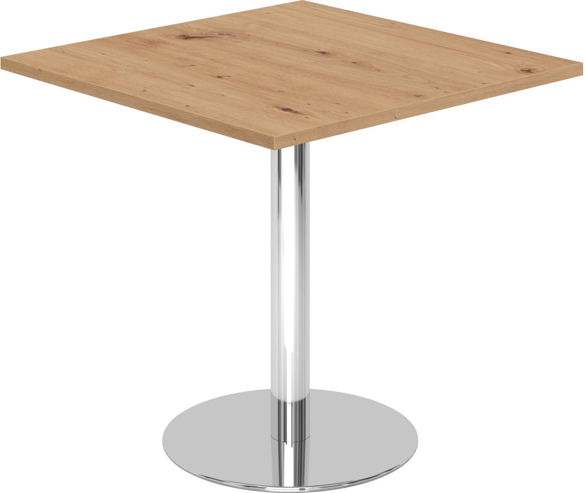 bümö Besprechungstisch, Esstisch klein, Tisch eckig 80x80 cm - kleiner Esstisch Asteiche, Rundtisch Esstisch 2 Personen mit Holz-Platte, Säule aus Metall verchromt, Konferenztisch, Bistrotisch, STF88-R-C Bild 1