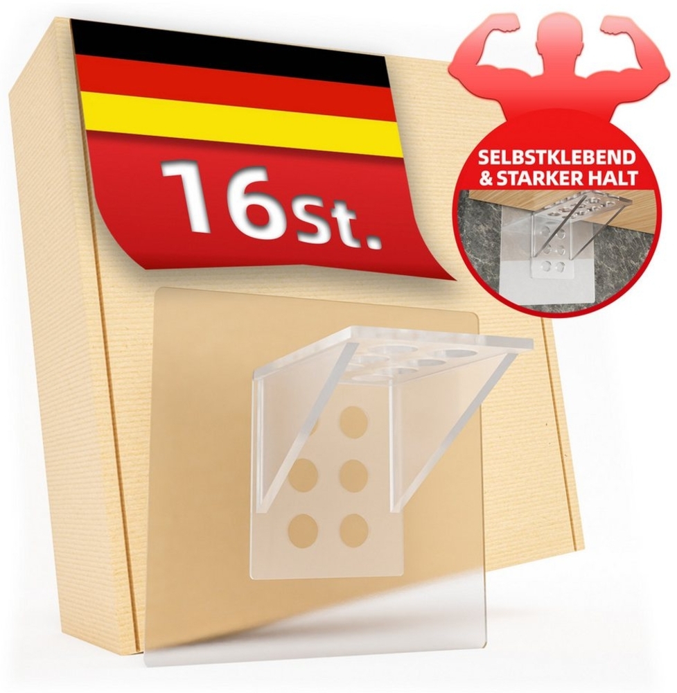 DEKAZIA Wandregalhalter ohne Bohren, Regalbodenhalter selbstklebend, Träger für Regalböden, versch. Größen & Lasten, 4er, 10er, 16er Set 16-tlg, Regalbodenträger Sets Bretthalter für Schränke Regale Bild 1