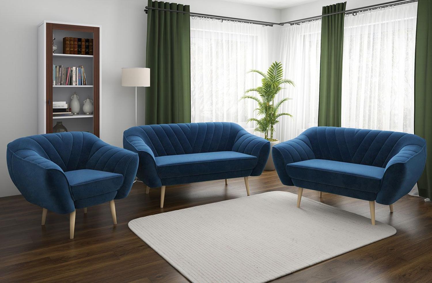 Couchgarnitur zum Wohnzimmer, Sofa-Set - Sofa MIA - 3 2 1 - Dunkelblau Velours Bild 1