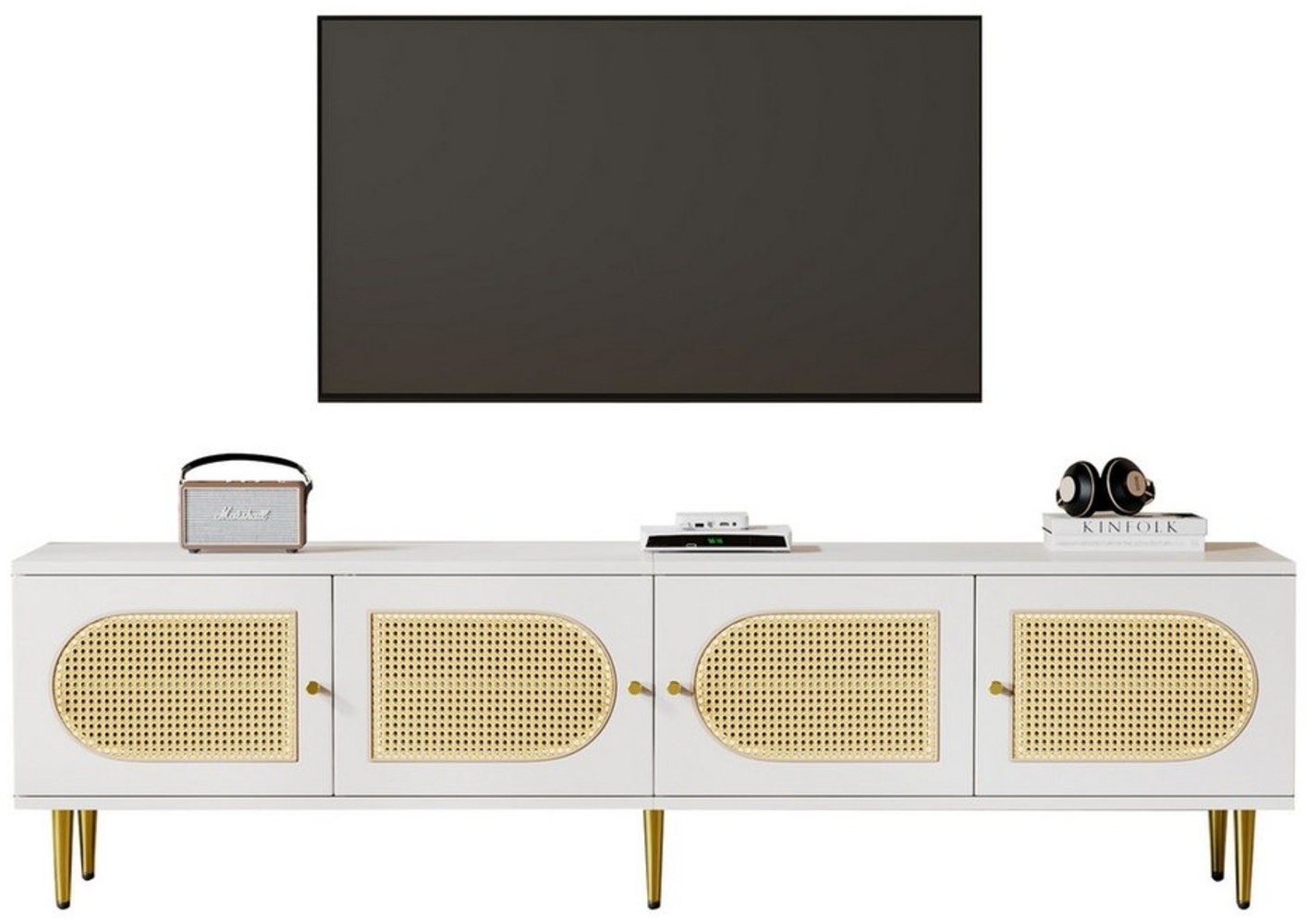 MODFU Lowboard TV-Board Fernsehtisch (Rattan-TV-Schrank, 1 St, 4 Rattan-Türen, verstellbare Einlegeböden und Kabelmanagement), für Fernseher bis 80 Zoll,180 x 40 x 50 cm Bild 1