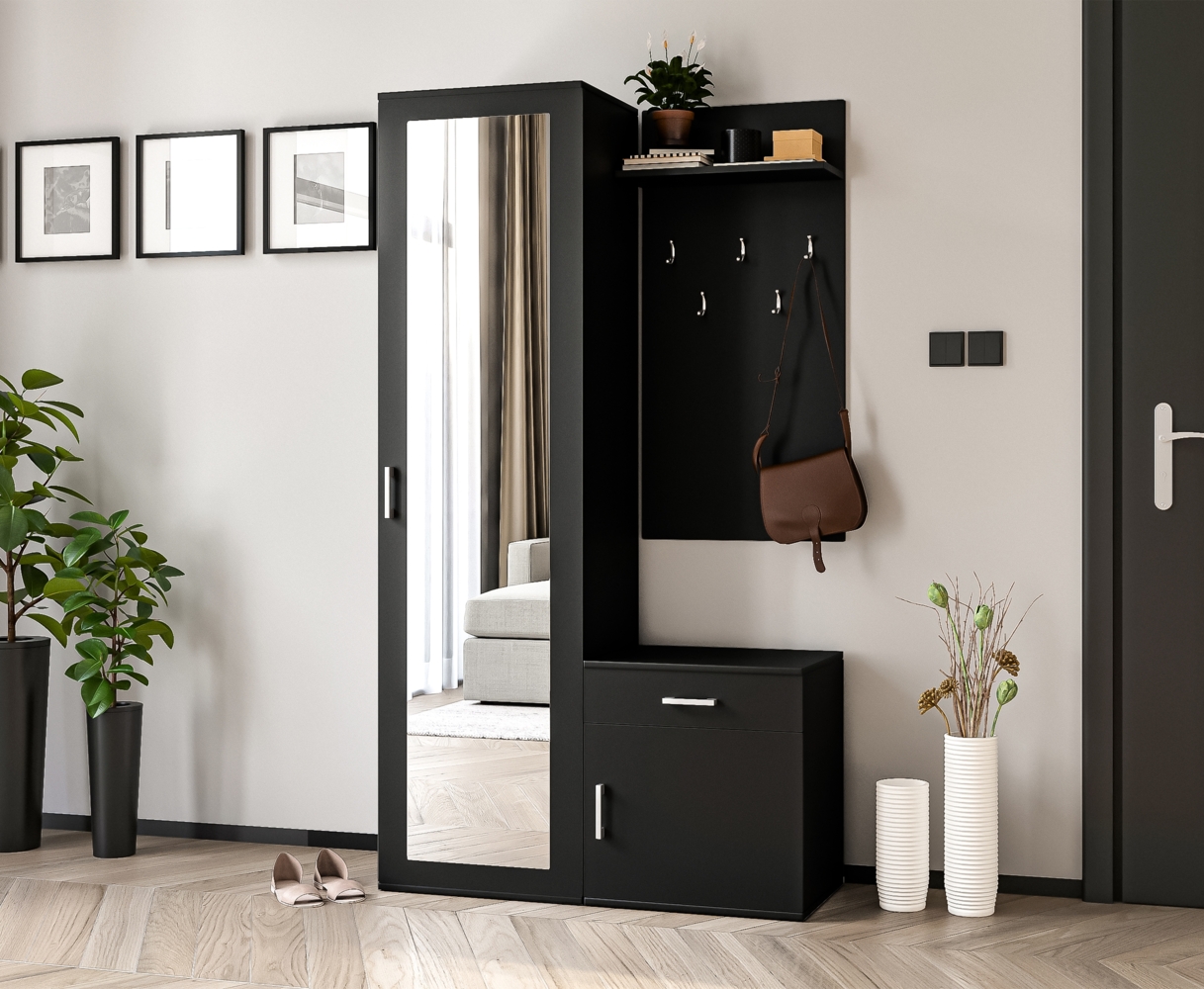 AX LIVING Garderobe Schwarz Magnola – 100 cm Breite, mit Stauraum & Spiegel Bild 1