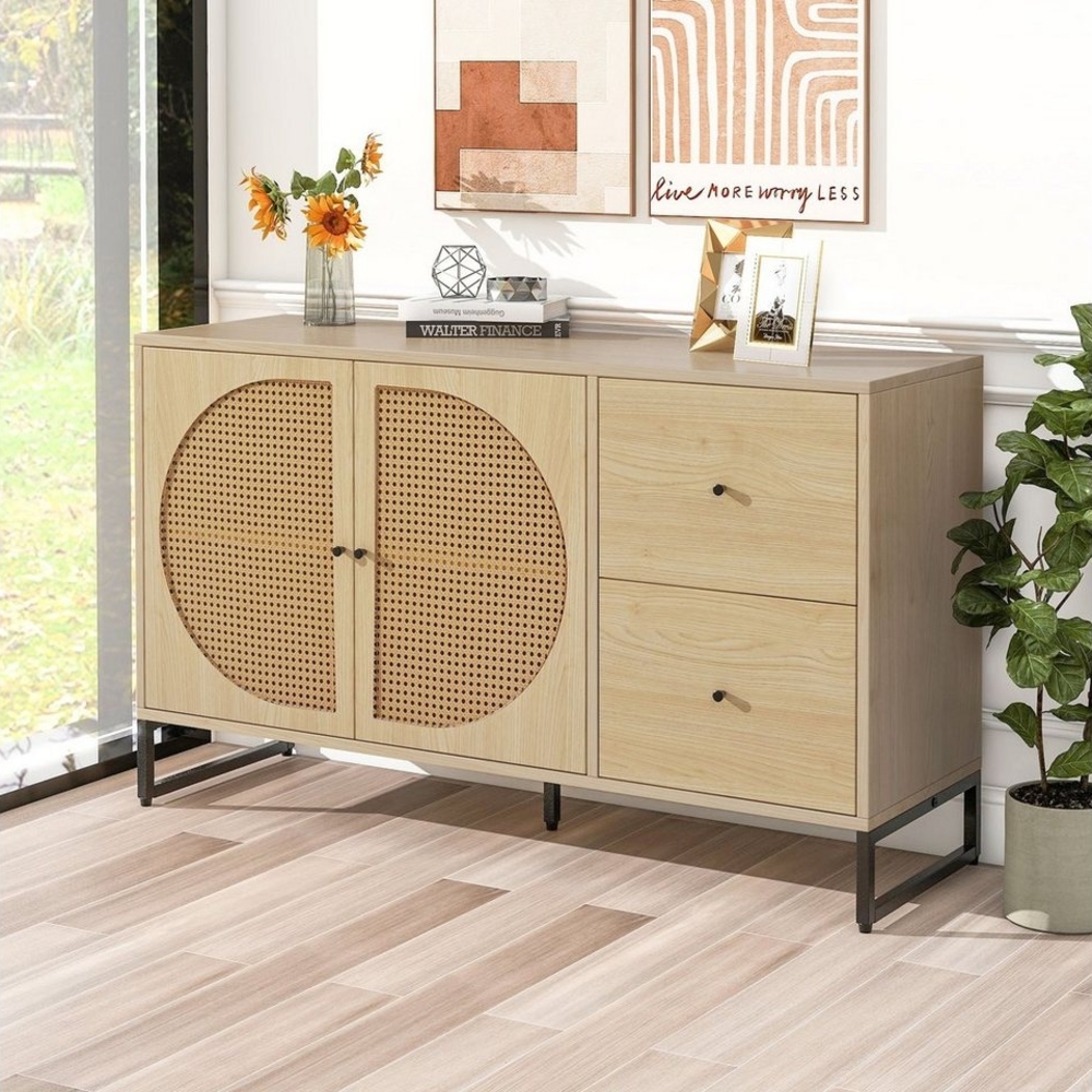 REDOM Sideboard Kommode Mehrzweckschrank (mit 2 Rattan verzierten Türen und 2 Schubladen Kommode Küchenschrank), Highboard mit Metallgriffe Bild 1