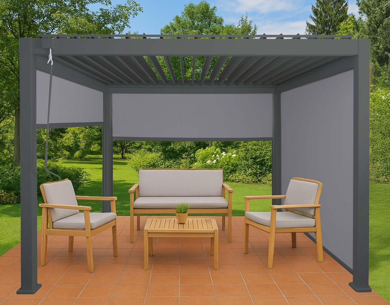 Alu Pergola HWC-N94 mit 3x Seitenwand, Lamellen-Pavillon, stabiles 10cm-Metall-Gestell 3x3m ~ anthrazit Bild 1