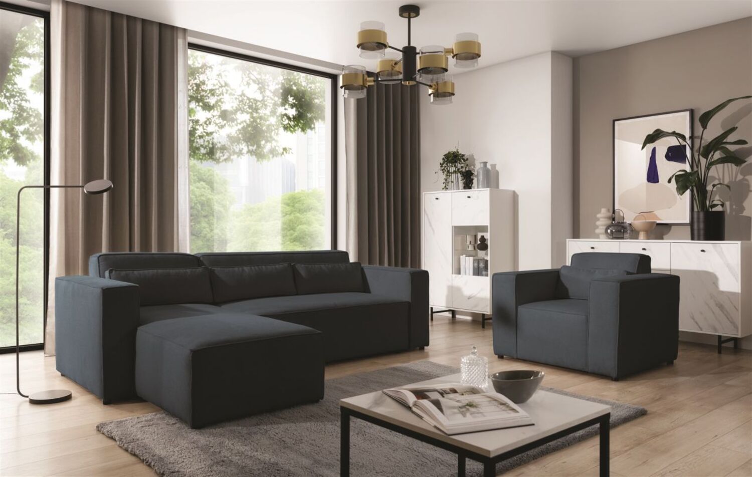 Ecksofa Schlafsofa inkl. Sessel WALDO Stoff Brooklyn Meeresblau Ottomane Links Bild 1