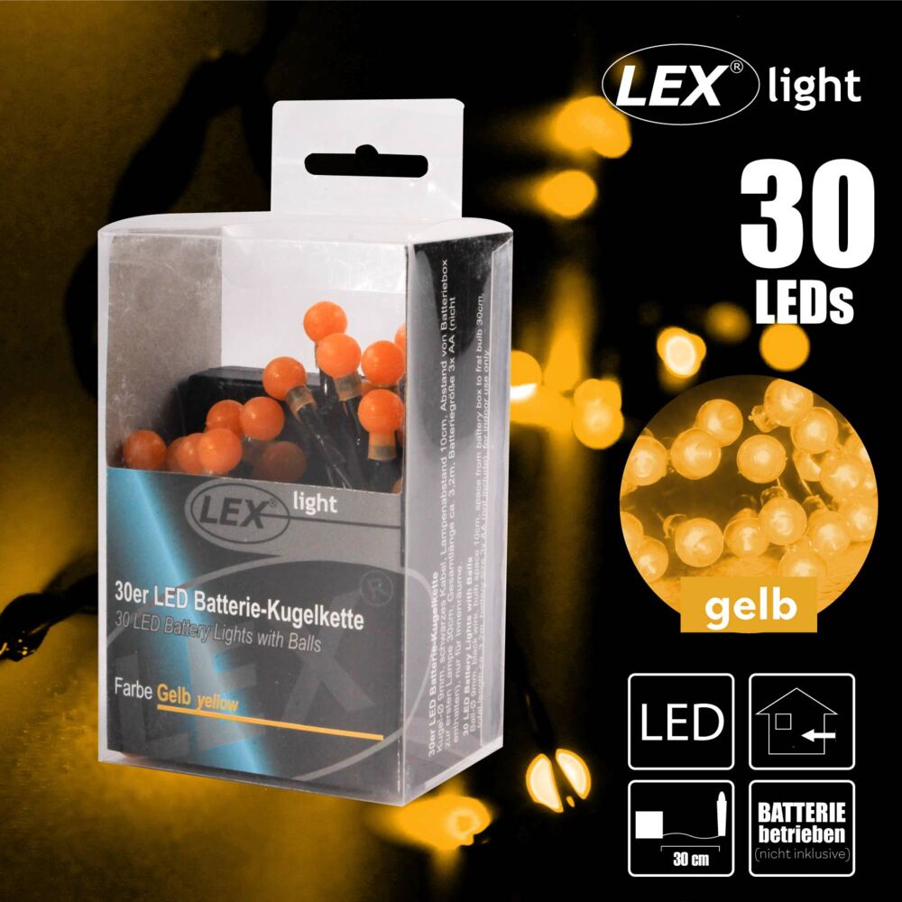 30er LED Batterie Kugelkette Lichterkette gelb Kugeln Batterie Beleuchtung Bild 1