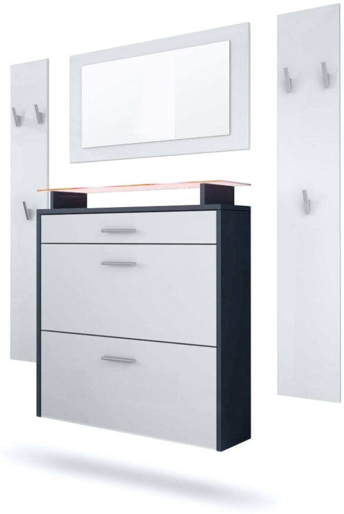 Vladon Garderobe Malea, Garderobenset bestehend aus 1 Hängeschuhschrank, 1 Wandspiegel und 2 Garderobenpaneele, Anthrazit matt/Weiß matt, inkl. LED-Beleuchtung RGB Bild 1