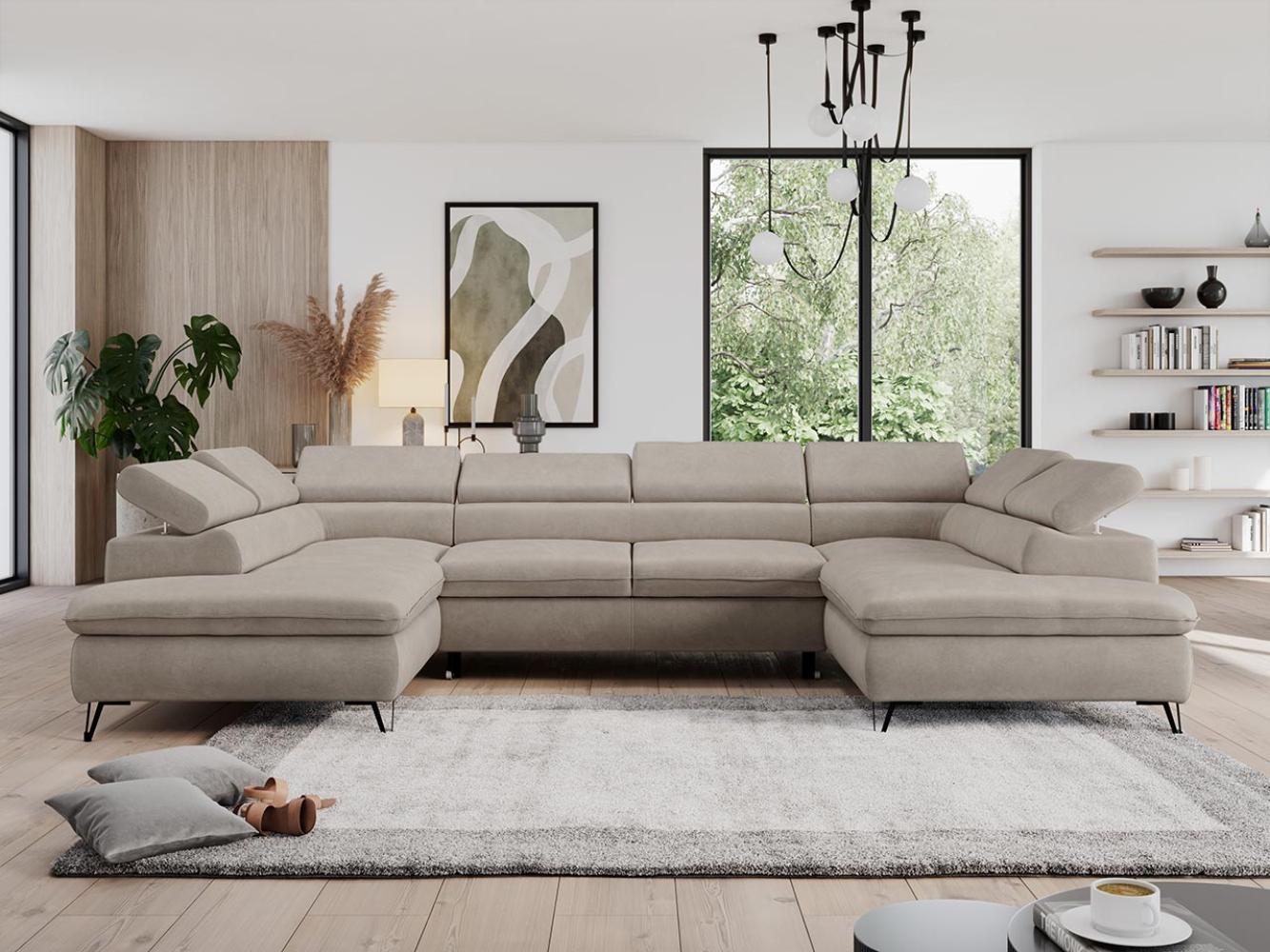 Mks Möbel 'Pedro U-Form' Ecksofa mit Schlaffunktion und verstellbaren Kopfstützen, Beige, Mikrofaser, mit Topper Bild 1