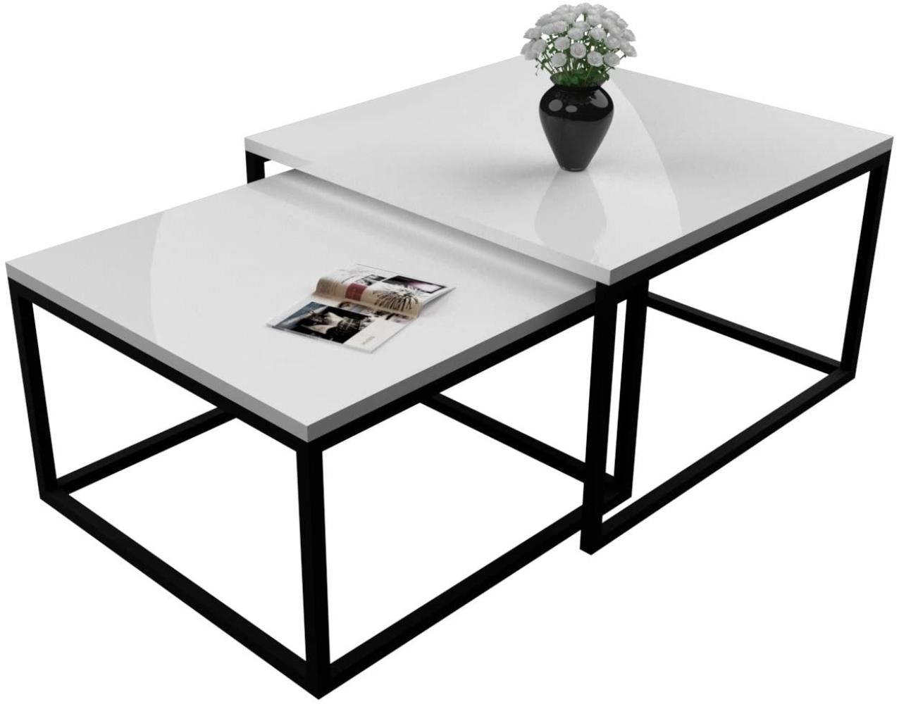 Domando Couchtisch Monterosso Industrial für Wohnzimmer Breite 70cm, Hochglanz, pulverbeschichtetes Metallgestell in Schwarz  Weiß Hochglanz Bild 1