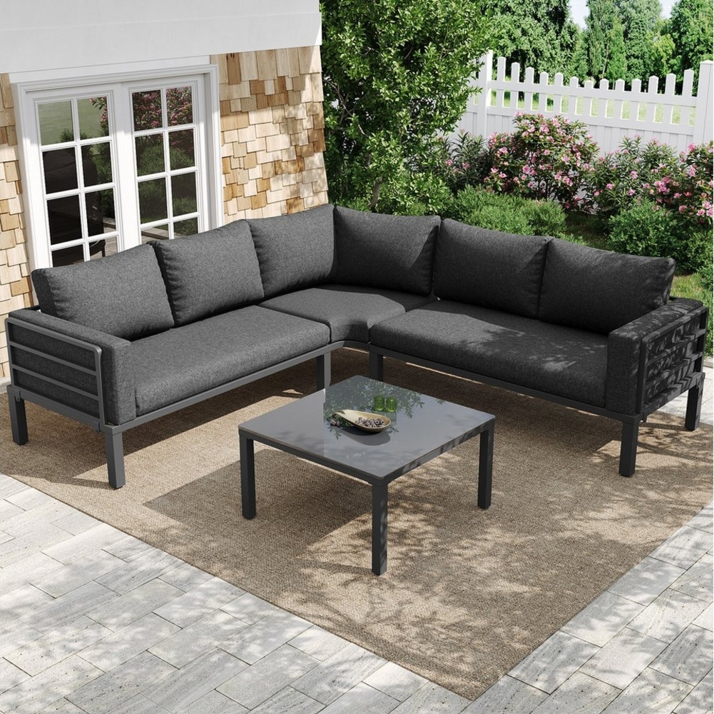 Merax Gartenlounge-Set, (Terrassenmöbel Gartensofa Gartengarnitur Sitzgruppe für 4-5 Personen, 4-tlg), Gartenmöbel mit Couchtisch, gehärtetes Glas und verzinkter Eisenrahmen Bild 1