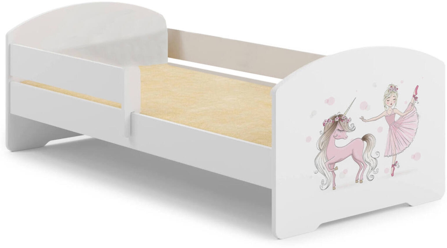 Dmora Kinderbett Debby, Kinderbett für Schlafzimmer, Einzelbett mit Kommoden, Struktur mit ausziehbarem Bett, 77x144 h56 cm, Weiß mit Einhorn Bild 1