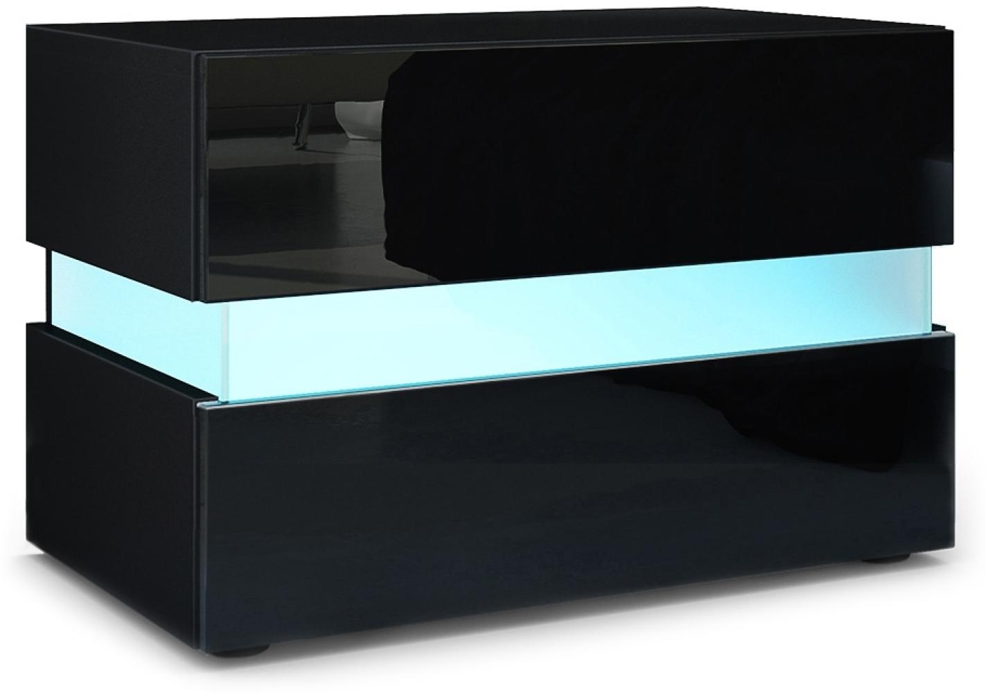 Vladon Nachttisch Flow, Nachttischschrank mit Schublade, Schwarz matt/Schwarz Hochglanz, inkl. LED-Beleuchtung (60 x 45 x 39 cm) Bild 1