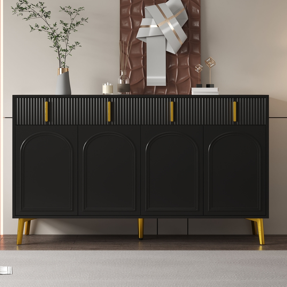 Merax Sideboard 140*37,8*82 cmmit goldenen Griffen und Beinen, 4 Türen, 4 Schubladen, mit herausnehmbarem Laminat, geeignet für Wohn- und Esszimmer, Schwarz Bild 1