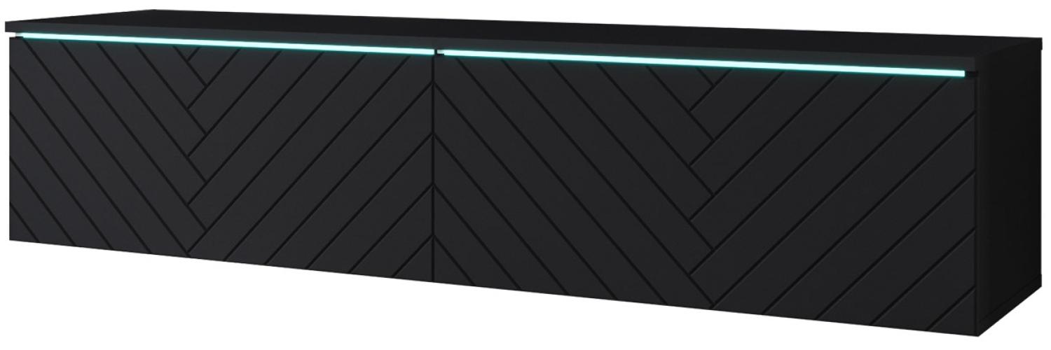 TV-Lowboard Stone 140 MDF, mit weißer LED Beleuchtung, Farbe: Schwarzer Graphit/Schwarz Fischgrät Bild 1