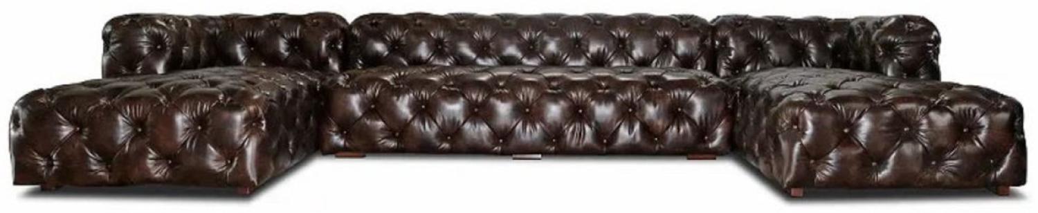 Casa Padrino Luxus Chesterfield Leder U-Form Sofa Vintage Dunkelbraun 415 x 200 x H. 74 cm - 3-Teiliges Echtleder Wohnzimmer Sofa - Wohnzimmer Möbel - Chesterfield Möbel - Luxus Möbel Bild 1