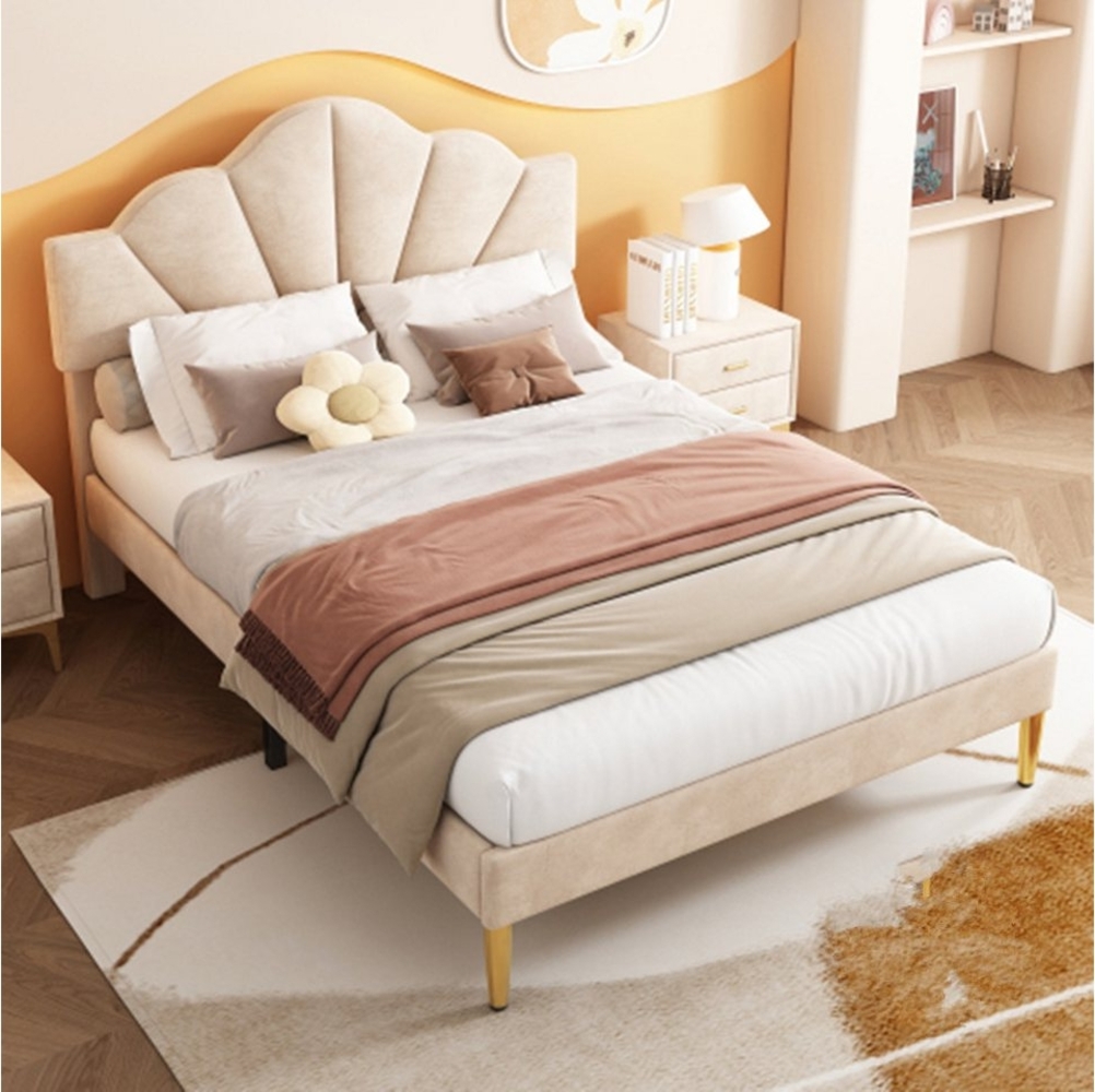 XDeer Polsterbett Polsterbett, 140*200 cm, Doppelbett, Bett mit goldenen, höhenverstellbares Kopfteil, Holzlattenrost, Beige Bild 1