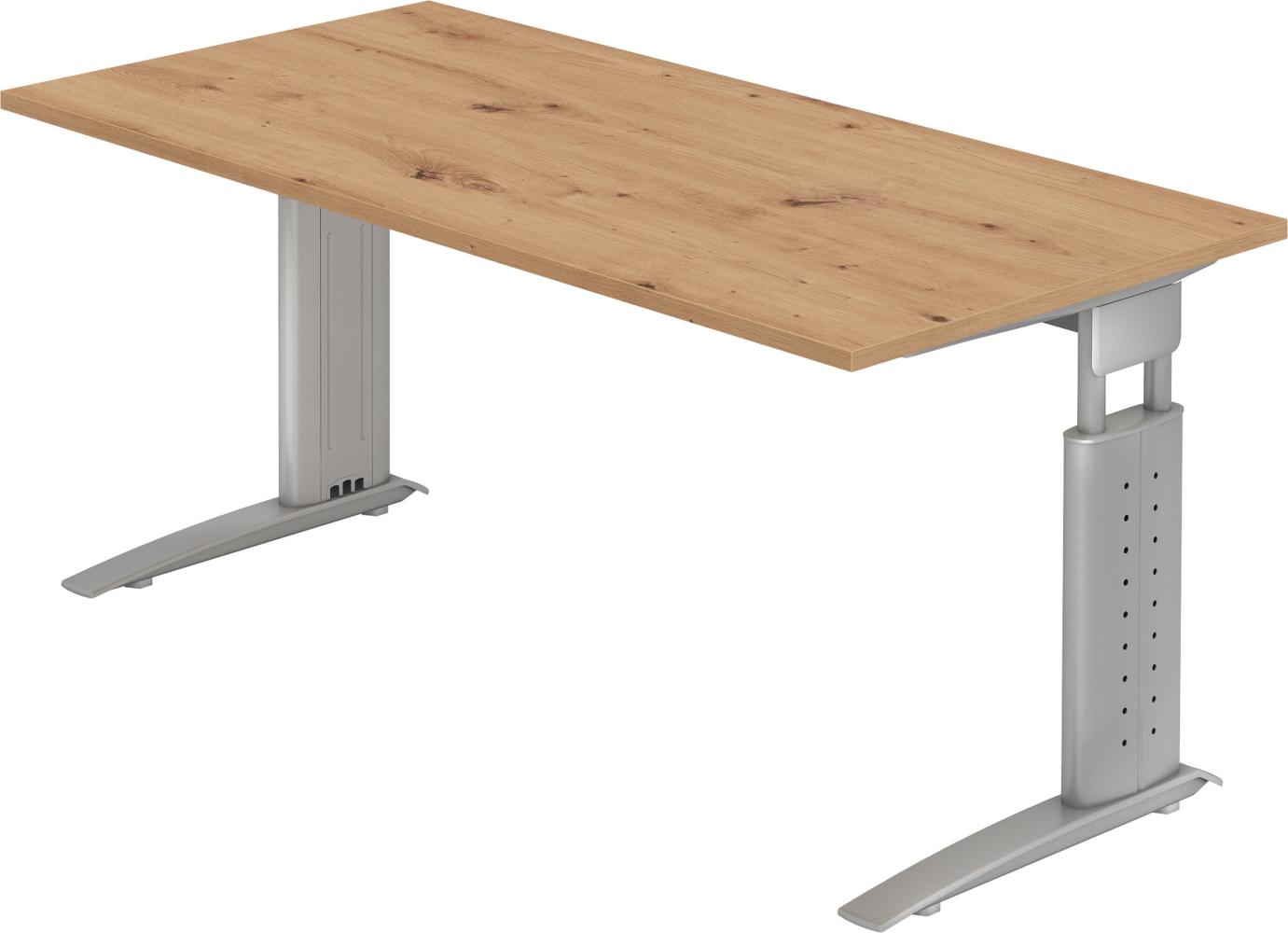 bümö® Schreibtisch U-Serie höhenverstellbar, Tischplatte 160x80 cm in Asteiche, Gestell in silbergrau Bild 1