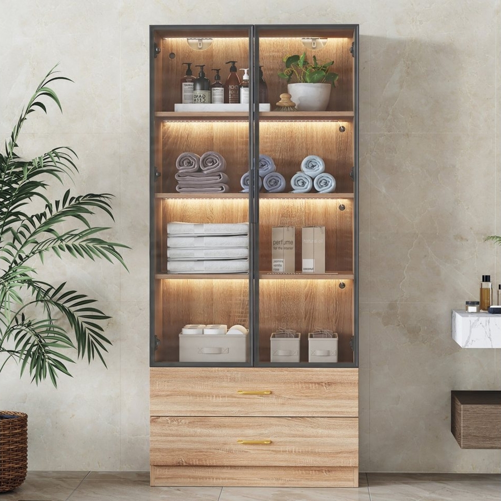 Flieks Vitrine mit LED-Beleuchtung, 2 Glastüren und 2 Schubladen (1-St) Standvitrine Hochschrank, Höhe ca. 170 cm, perfekt für Sammler Bild 1