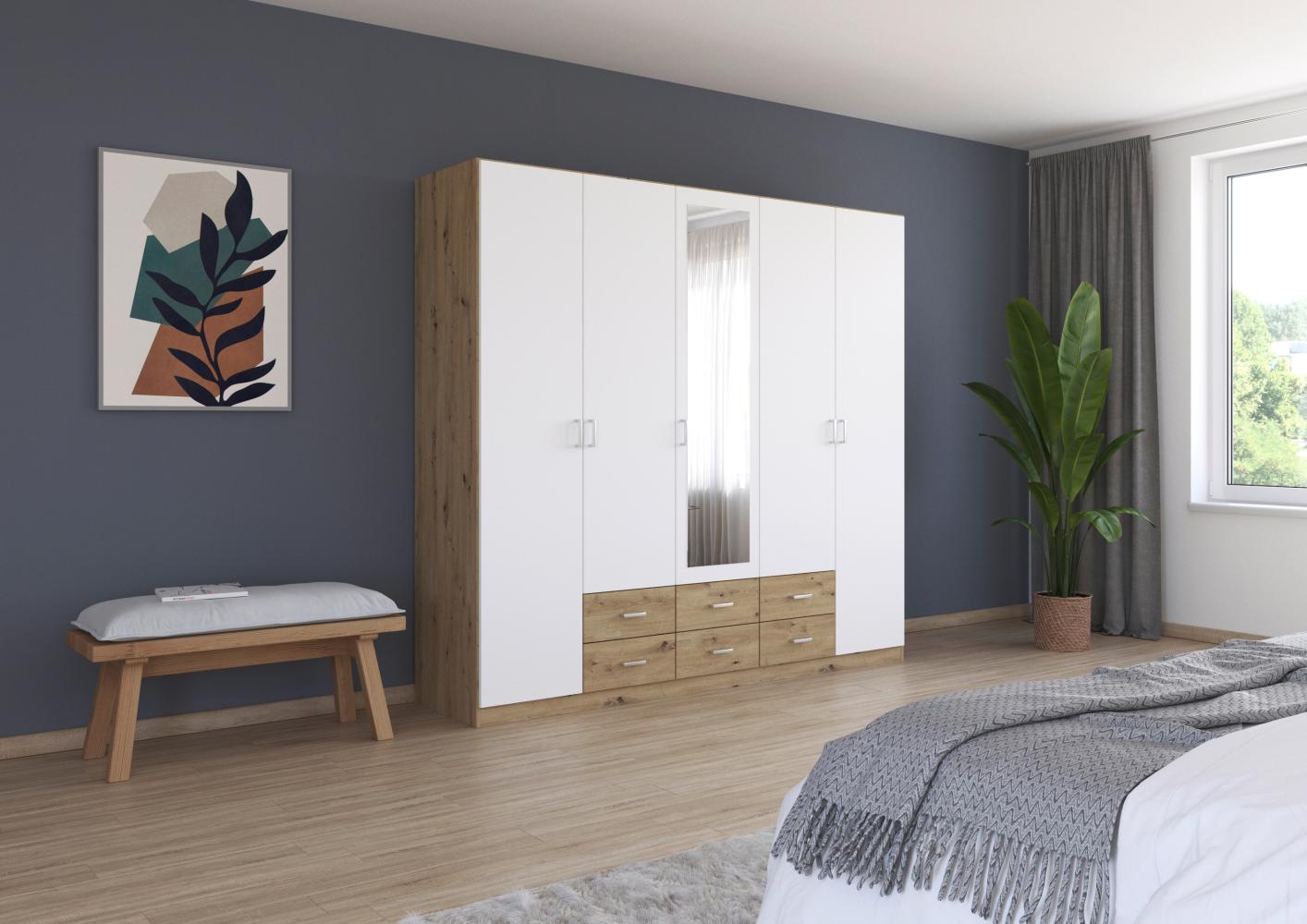 rauch Kleiderschrank, Drehtürenschrank GAMMA, 5-türig, 1 Spiegeltüre teilaufgelegt, 6 Schubkästen, Alpinweiß/Eiche Artisan, 226 x 210 x 54 cm Bild 1