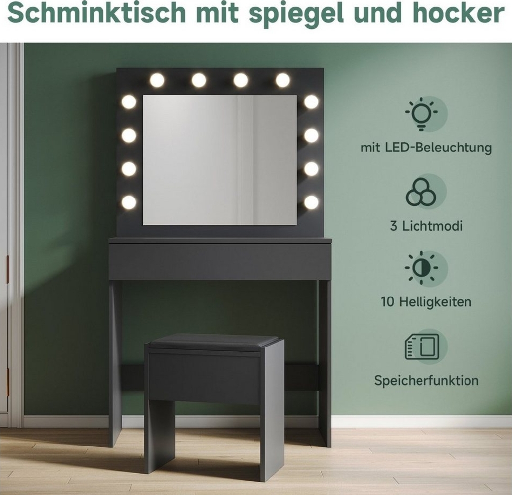 SONNI Schminktisch Schminktisch Weiss/Schwarz mit LED-Beleuchtung, 80x40x140cm, mit Spiegel, Hocker, Schublade,Kosmetiktisch,3 Lichtmodi Bild 1