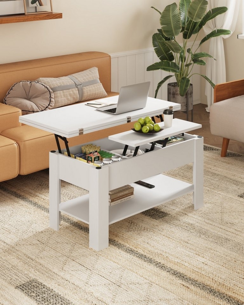 MSMASK Couchtisch Höhenverstellbarer Kaffeetisch mit Verstecktem Stauraum, und Ablage für Wohnzimmer, Weiß Bild 1