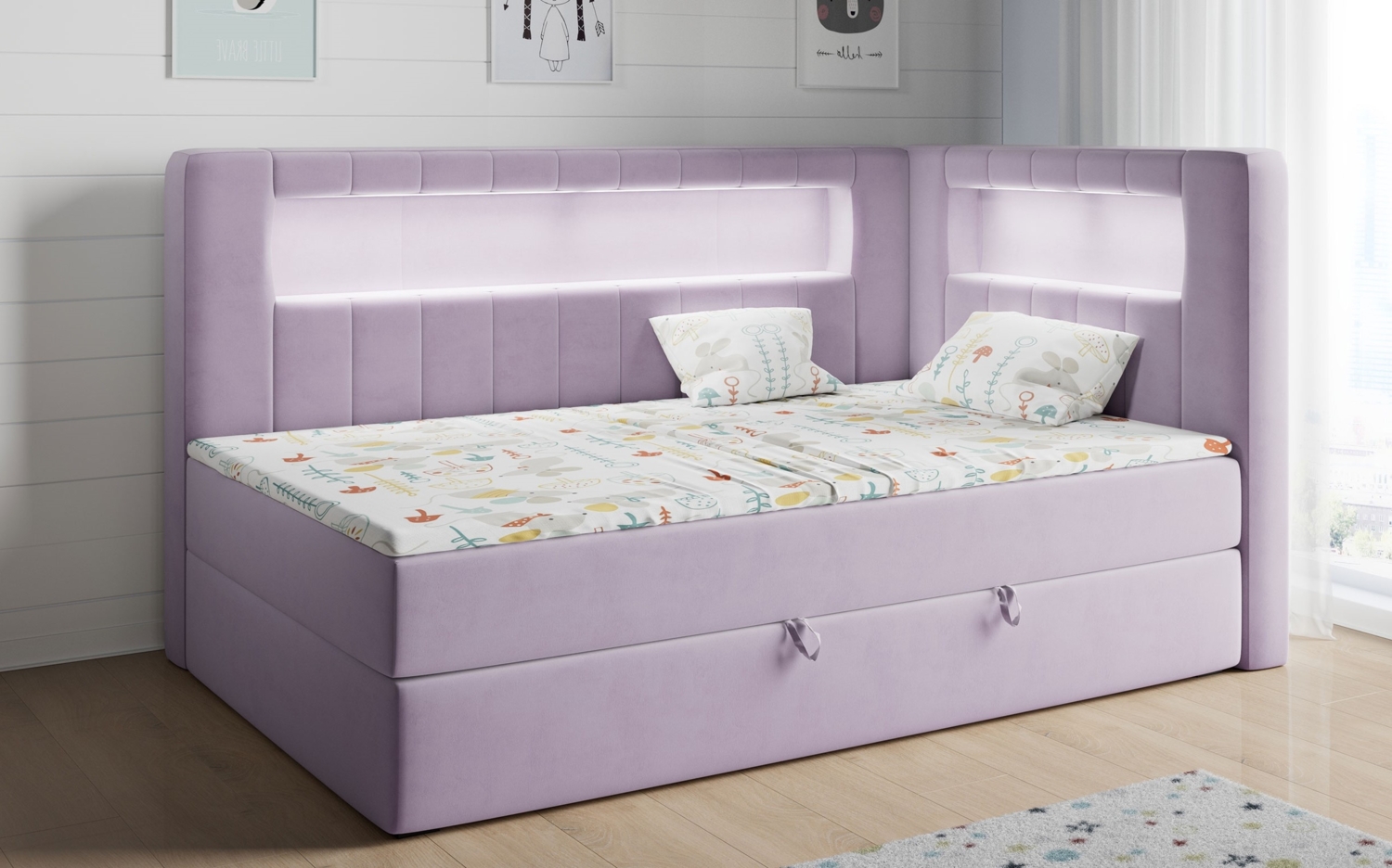 Boxspringbett mit LED, Einzelbett mit Bettkasten und Topper - JUNIOR GOLD 3 - 90x200 cm - Violet - Rechte Seite Bild 1