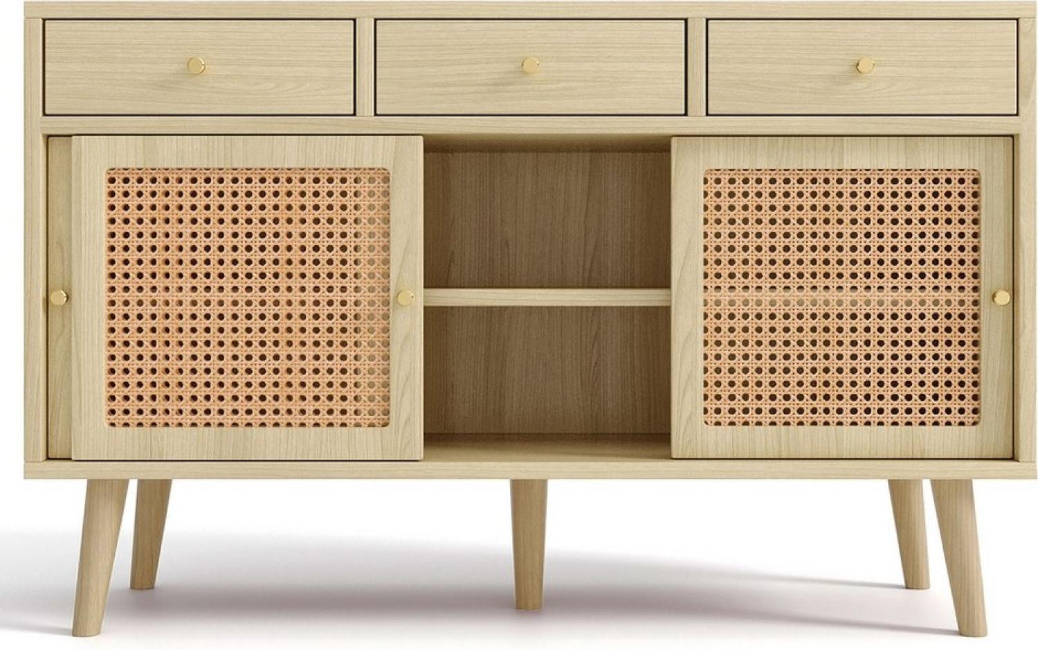 BlingBin Sideboard Kommode (1 St, Rattantür, Golden Metall Bügelgriff, Massivholzbeine), verstellbare Ablagen Bild 1