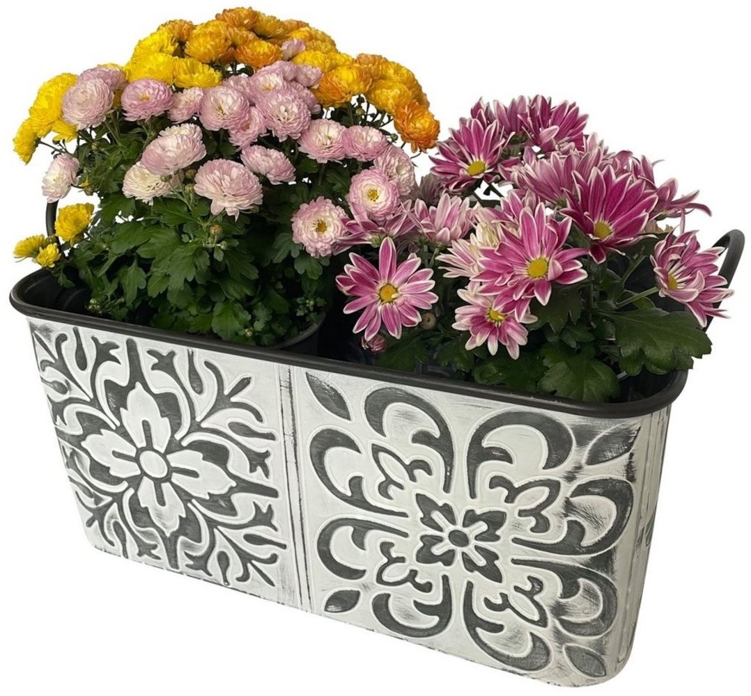 Online-Fuchs Blumentopf Zinkwanne mit Blumenmuster groß Pflanzkübel Kasten Metall (Vintage Silber/weiß), Maße großer Blumenkasten ca. 49 x 30 cm und 22 cm hoch Bild 1
