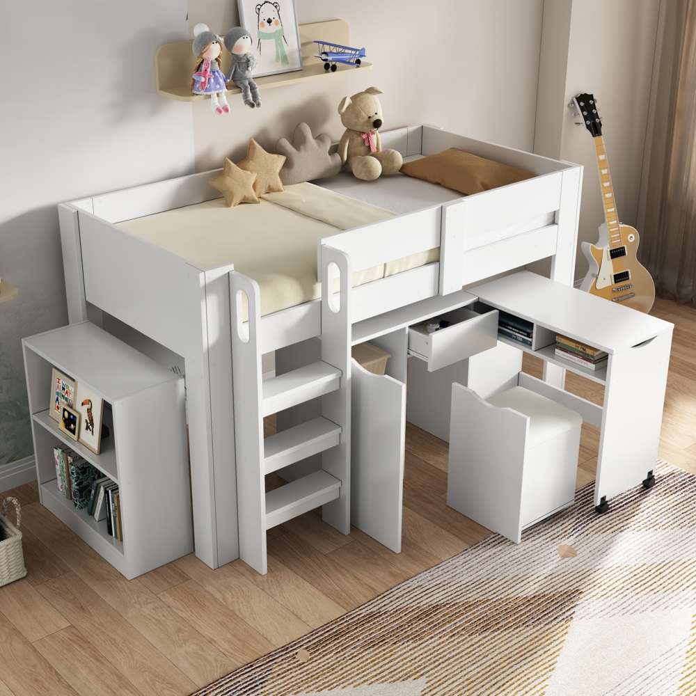 Merax Kinderhochbett, 90*200cm multifunktionales Kinderbett, mit Leiter, mit Teleskopschreibtisch, mit herausnehmbarem Schrank, mit Schublade,Mit Stuhl inklusive PU-Kissen, mit regal,ohne Matratze, MDF, weiß Bild 1