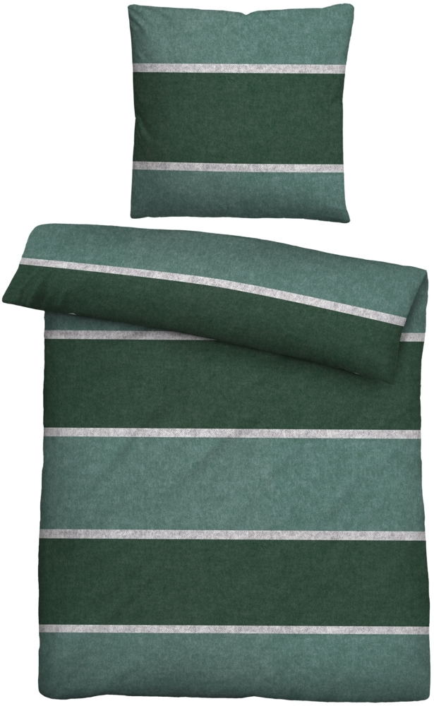 biberna Melange-Flanell Bettwäsche 0840506 BLOCKSTREIFEN, dunkelgrün, 1x 135x200 cm + 1x 80x80 cm Bild 1