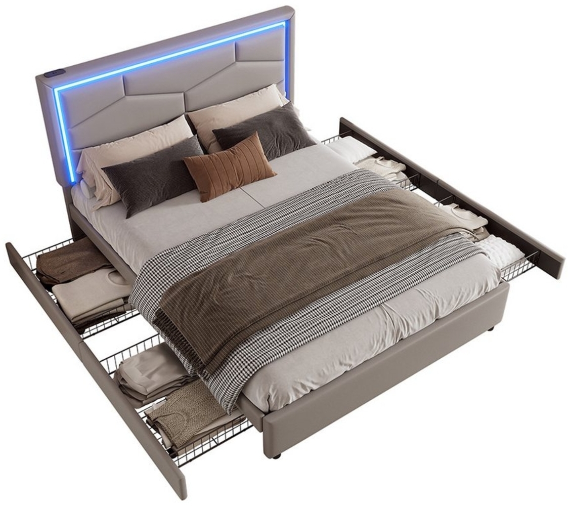 Sweiko Polsterbett Doppelbett 140x200 cm,Stauraumbett mit USB+Typ C und 4 Schubladen (Jugendbett mit Lattenrost und Led, Grau,ohne Matratze) Bild 1