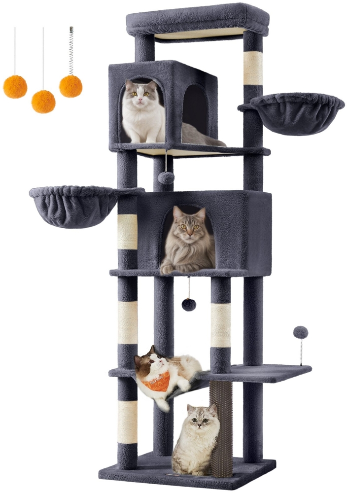 Feandrea Kratzbaum groß, 190,7 cm hoch, XXL, mehrstöckiger Katzenbaum mit 2 Höhlen, 2 Liegemulden, 5 Kratzsäulen, Katzenbürste, große Plattform, dunkelgrau Bild 1