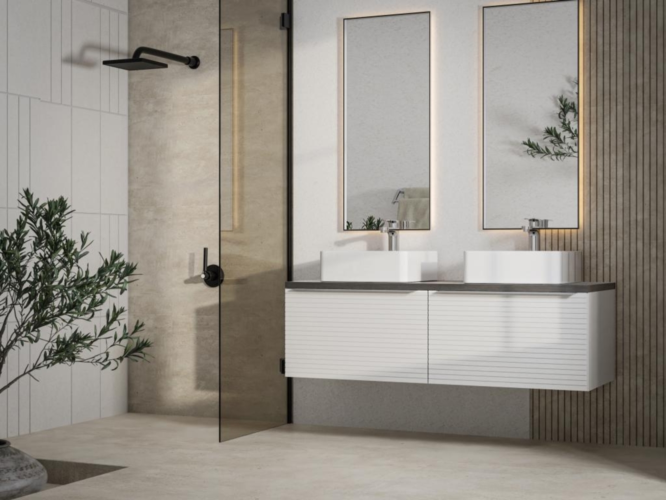 Vente-unique - Waschbeckenunterschrank hängend mit Doppel-Aufsatzwaschbecken - 120 cm - Weiß gestreift - LATOMA Bild 1