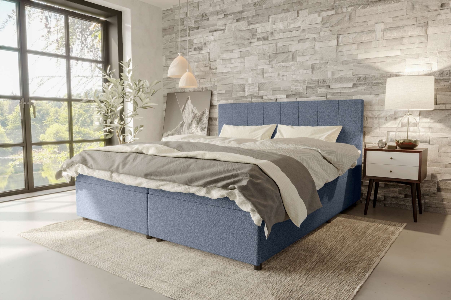 99rooms Kira Boxspringbett Strukturstoff NEVE Blau 140x200 cm Bild 1