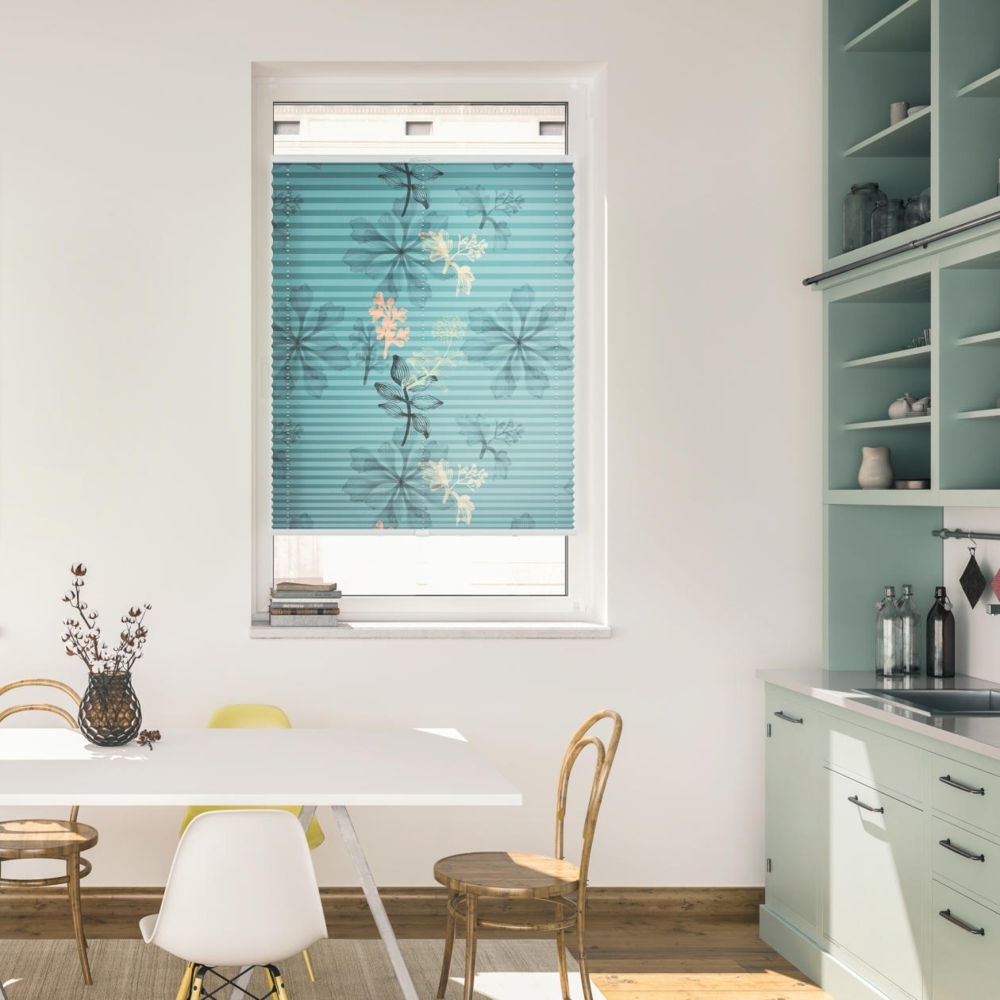 Lichtblick Design Plissee mit Motiv Aqua Floral 1001 Tageslicht - Blickdicht; einfache Installation mit Klemmträgern;  von beiden Seiten sichtbar, 130 x 60 x 2,5 cm Bild 1