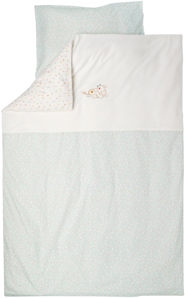 Nattou Bettwäsche-Set aus Baumwolle und Polyester, Kuh Mila, Mit Wendemotiv, Bettdeckenbezug 140x100 cm, Kissenbezug 40x60 cm, Mila, Zoë und Lana, Hellgrün Bild 1