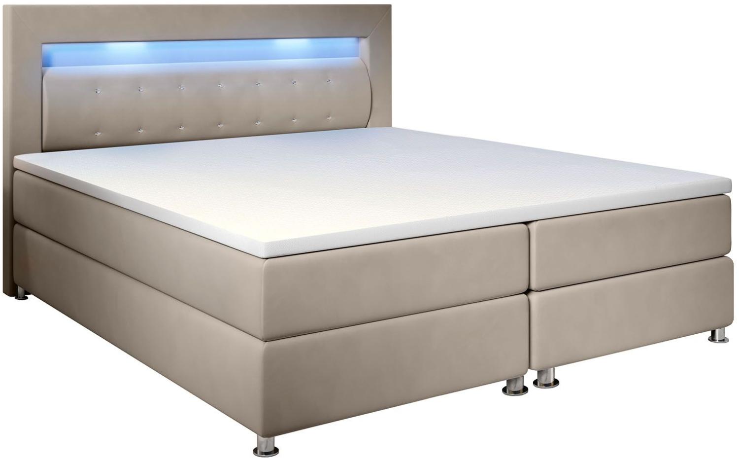 Juskys Boxspringbett Vancouver 140x200 cm – Doppelbett mit LED-Beleuchtung, Topper & Bonell-Federkern-Matratzen – Bett Polsterbett Beige mit Stoff Bild 1