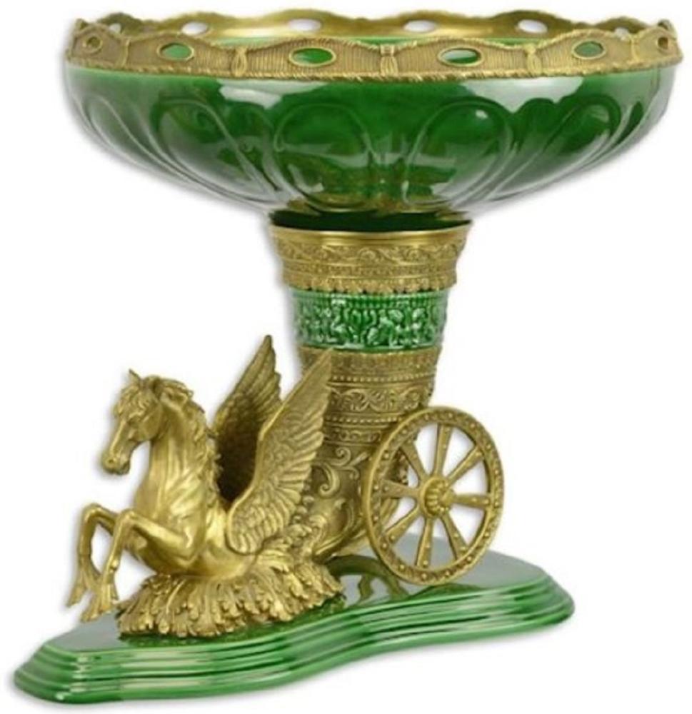 Casa Padrino Barock Blumenschale Grün / Messing 49,2 x 41 x H. 40,8 cm - Prunkvolle Porzellan Pflanzenschale mit elegantem Bronze Pegasus Pferd - Deko Accessoires im Barockstil Bild 1