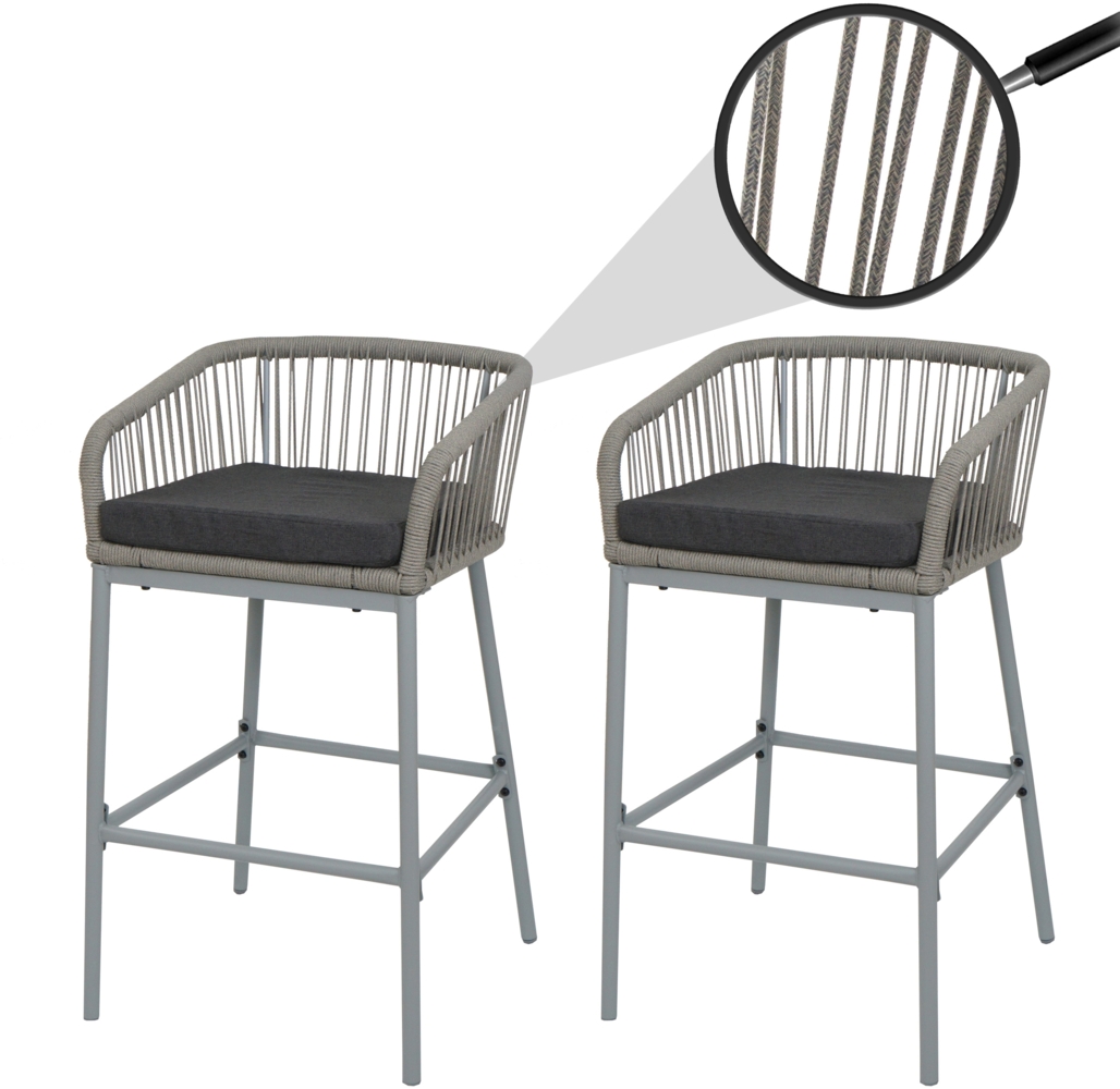 2er-Set Rope-Barhocker HWC-O22, Tresenhocker, Outdoor Sitzpolster Seilgeflecht Metall ~ hellgrau, Kissen dunkelgrau Bild 1