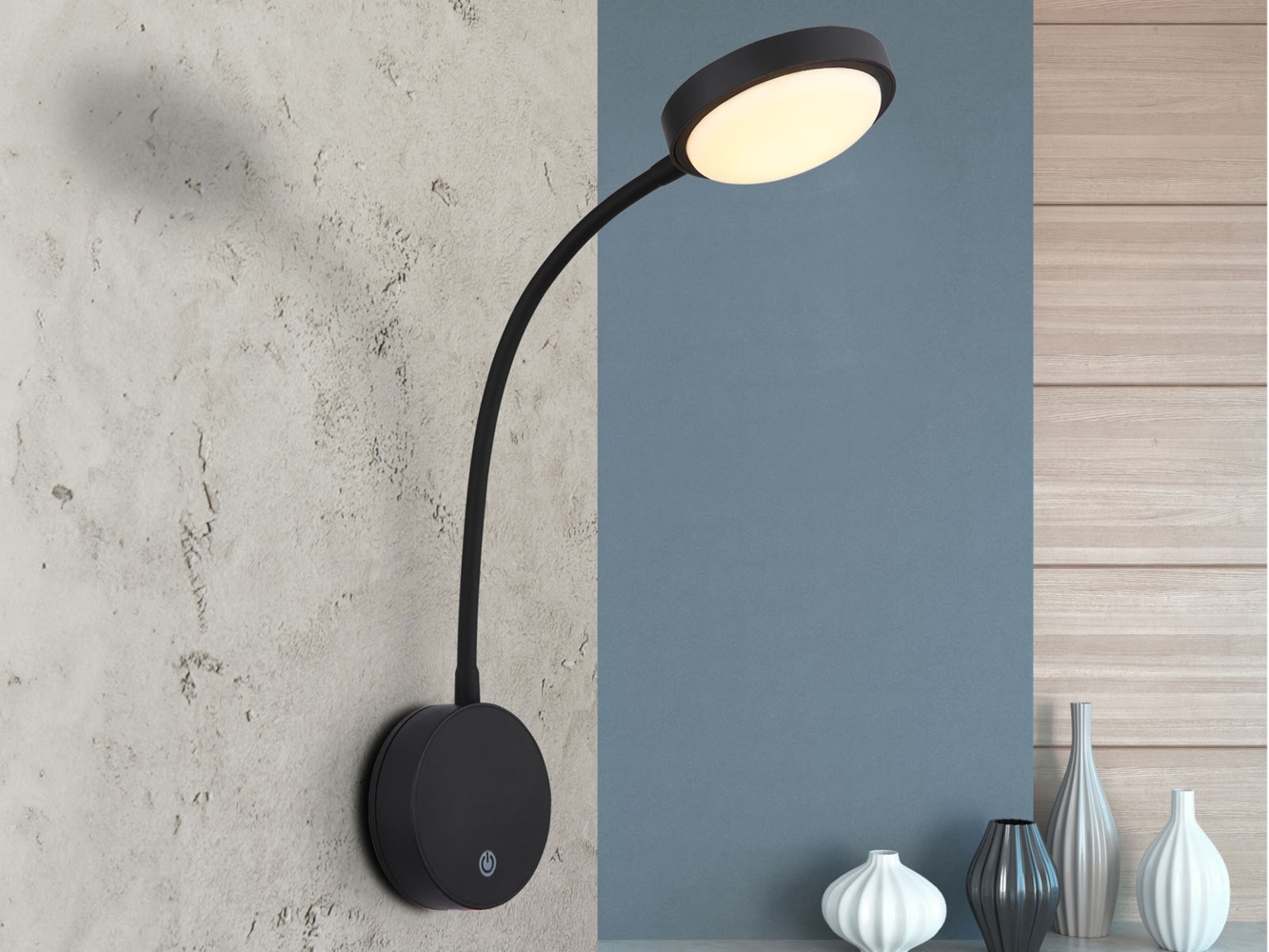 Akku Wand Leselampe dimmbar, Schwarz mit Flexrohr, Höhe 45cm Bild 1