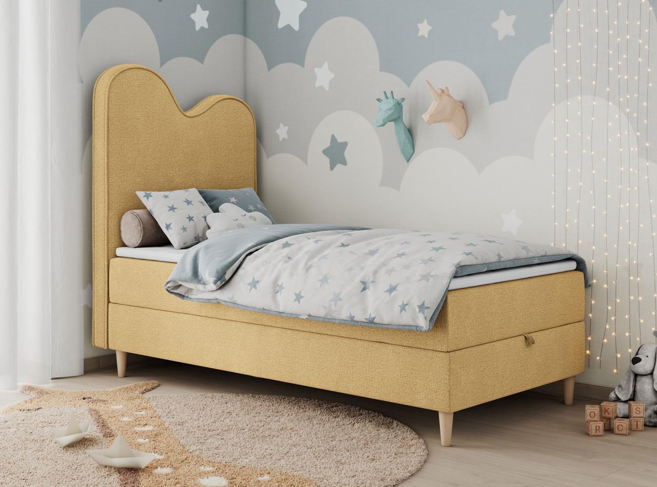 Kinderbett FLOW, Boxspringbett für Kinder, mit hohem Kopfteil, Einzelbett mit Matratze - 90x180 - Gelb Stoff - Topper Visco Bild 1