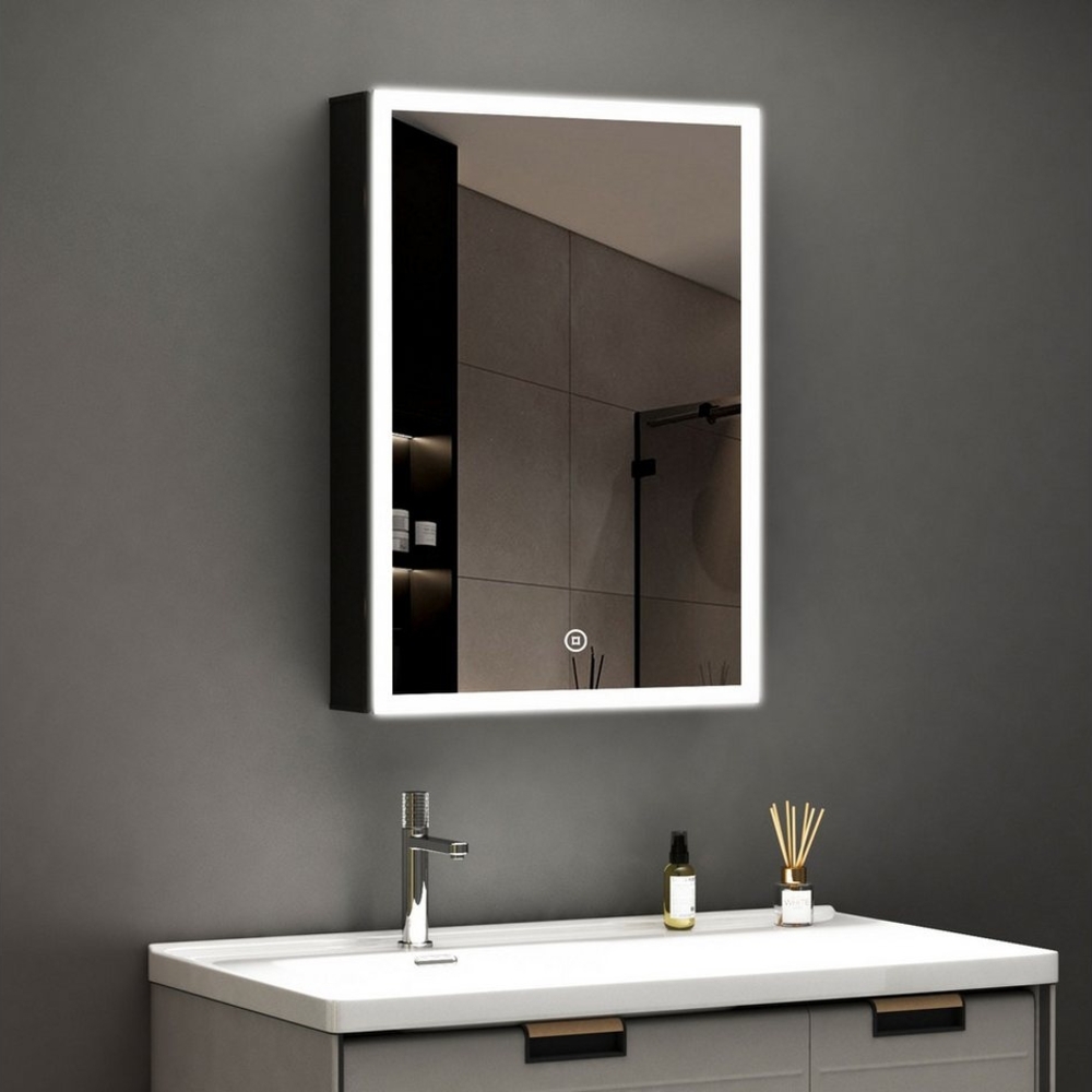 WDWRITTI Spiegelschrank mit beleuchtung 3Lichtmodi Dimmbar Badezimmerspiegelschrank LED 50x70 (LED Wandschrank Hängeschrank Schwarz 1 türig, Speicherfunktion, Doppelseitiger Spiegel) Soft-Close-Funktion, IP44, mit Netzstecker Bild 1