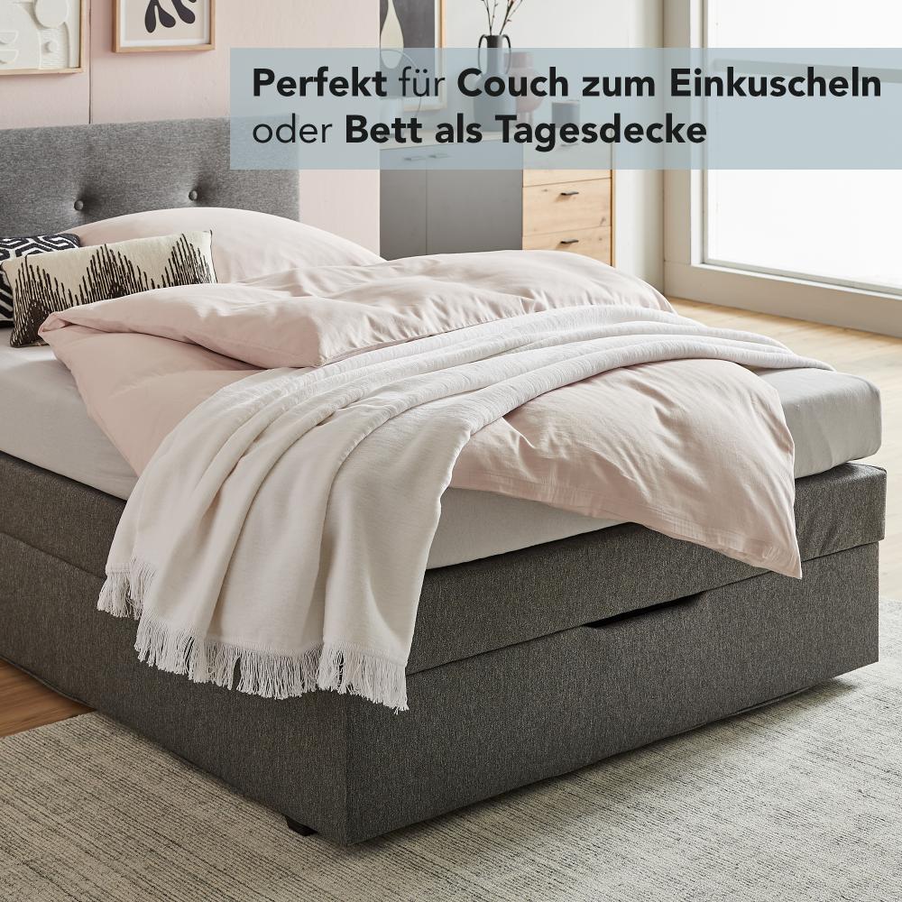 HOMESTORY Kuscheldecke Weiß XXL 150 x 200 cm Baumwollmischung weiche & warme Kuschel-Decke mit Fransen für Couch & Sofa, waschbar, Öko-Tex Standard 100, 1,4kg, 400g/m² Bild 1