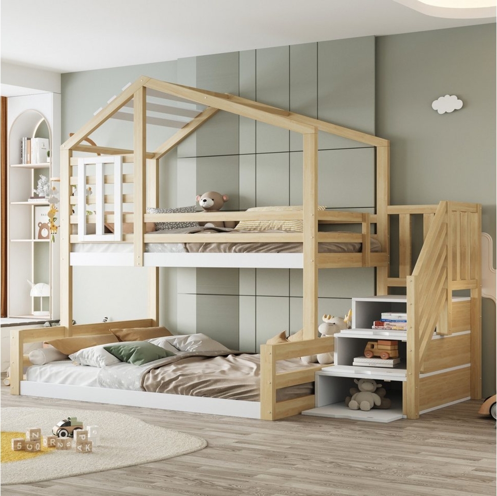 Flieks Etagenbett, Kinderbett 90x200 cm+140x200 cm mit Haus-Fenster-Design, Stauraumtreppe Bild 1