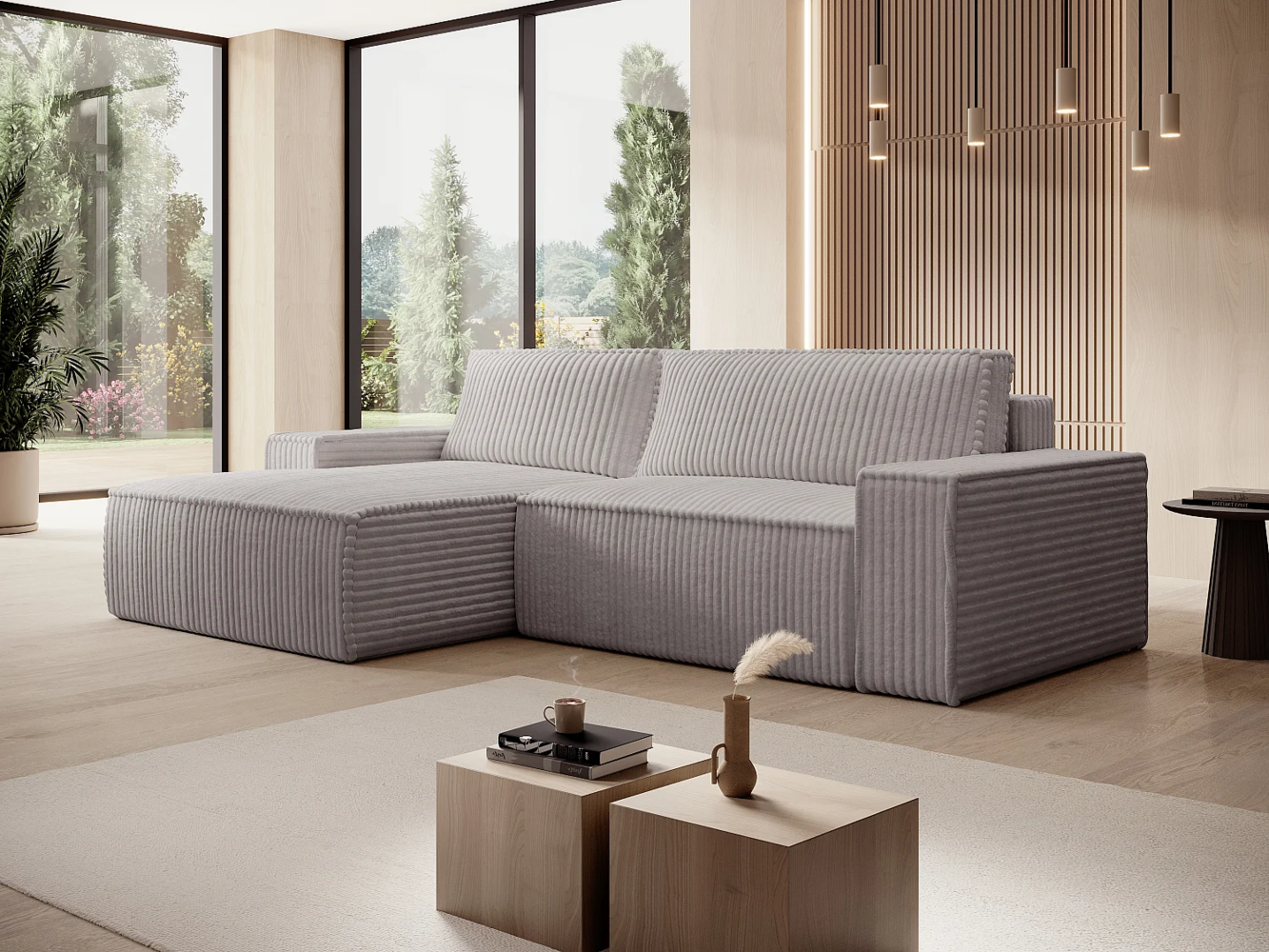 Vente-unique - Ecksofa mit Schlaffunktion - Ecke links - grob gerippter Cord - Hellgrau - AMELIA Bild 1