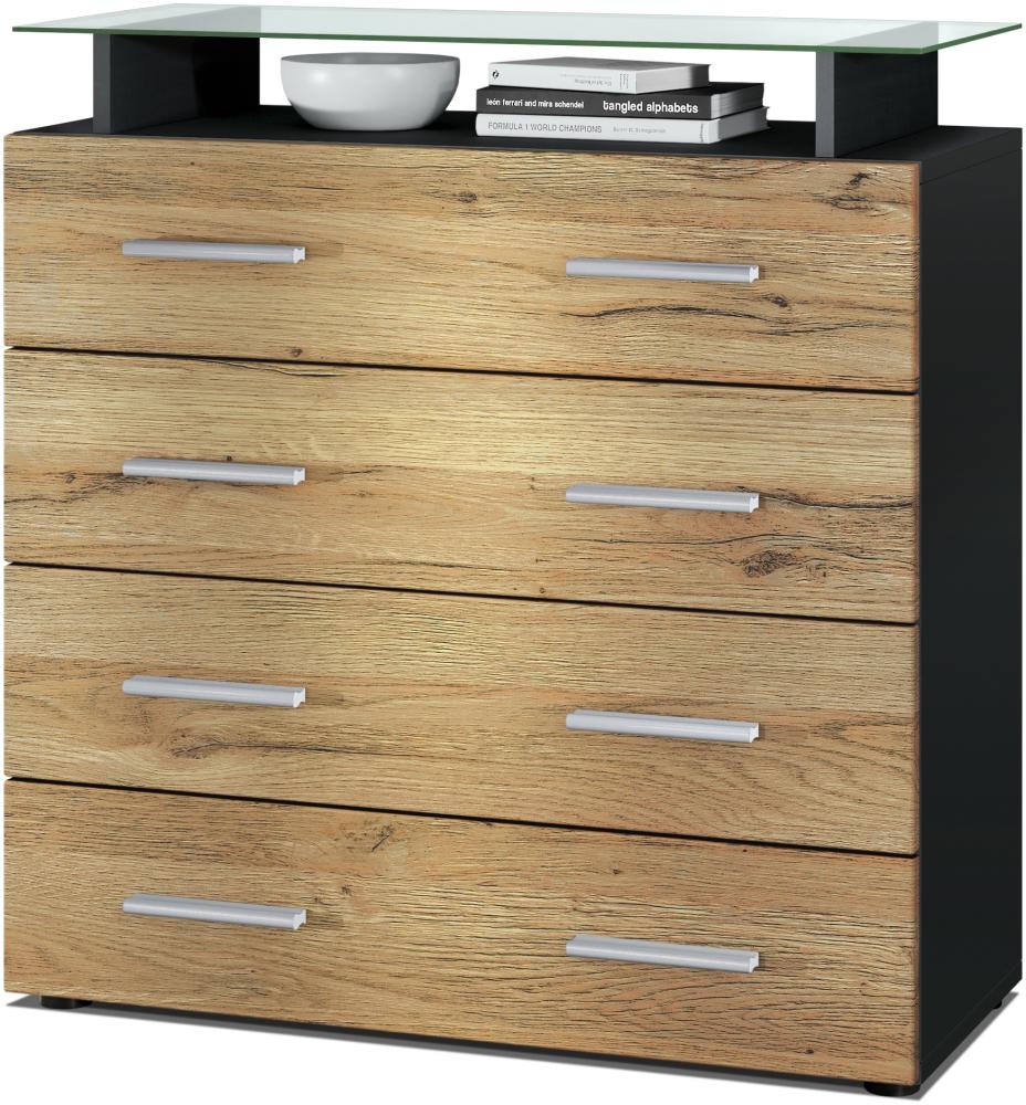 Vladon Sideboard Pavos V2, Kommode mit 4 Schubladen und Glasablage, Schwarz matt/Eiche Natur (76 x 81 x 35 cm) Bild 1