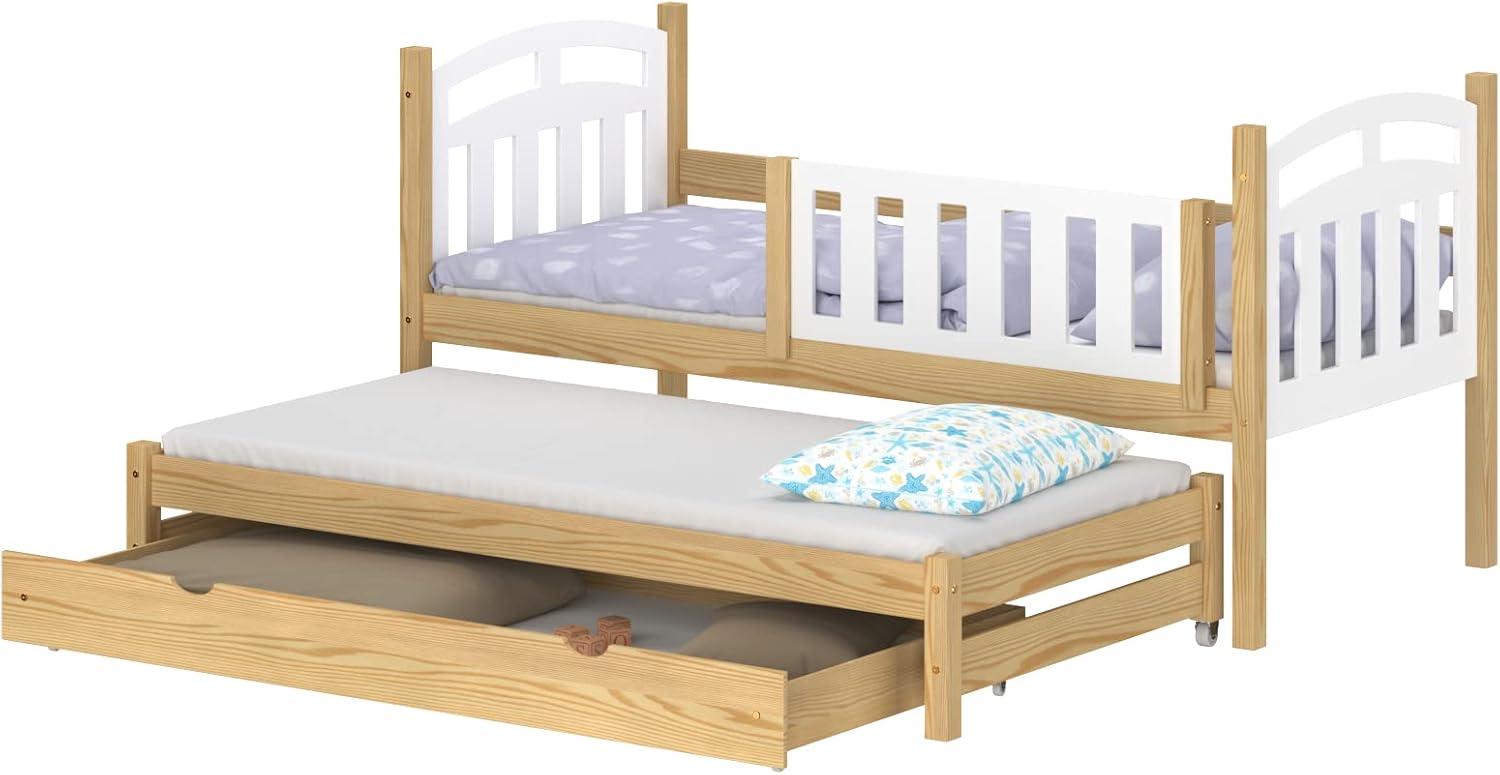 WNM Group Kinderbett Ausziehbar mit Rausfallschutz Suzie - aus Massivholz - Ausziehbett für Mädchen und Jungen - Bett mit Schublade - Funktionsbett 190x80 / 180x80 cm - Natürliche Kiefer Bild 1