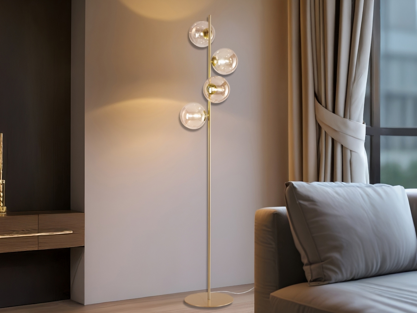 Ausgefallene LED Stehlampe mehrflammig Gold - Glaskugeln Bernstein Höhe 160cm Bild 1