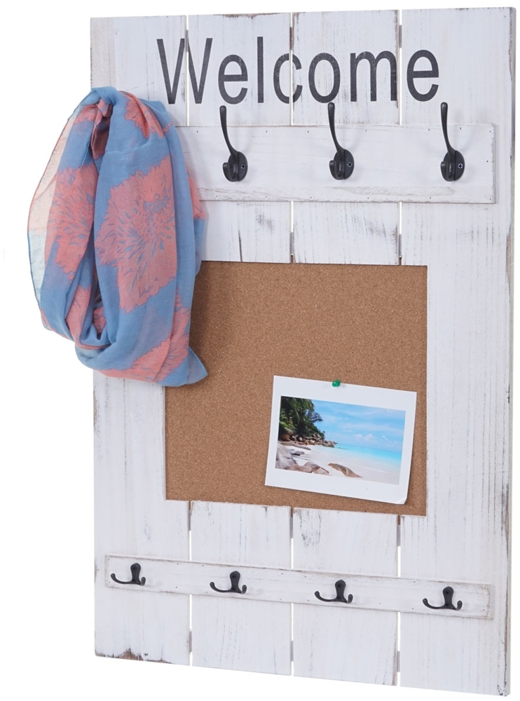 Wandgarderobe HWC-C89 mit Pinnwand, Garderobenpaneel, Shabby-Look Vintage, 8 Haken 91x60cm ~ weiß, shabby Bild 1
