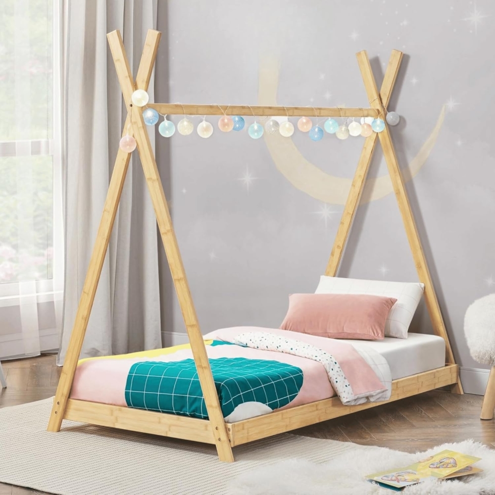 DELUKE® Kinderbett 70x140 ANUK aus BAMBUS - mit Matratze Lattenrost Tipi-Optik Einzelbett Tipibett Hausbett Kinderzimmer Bodenbett Montessori Bett Bild 1