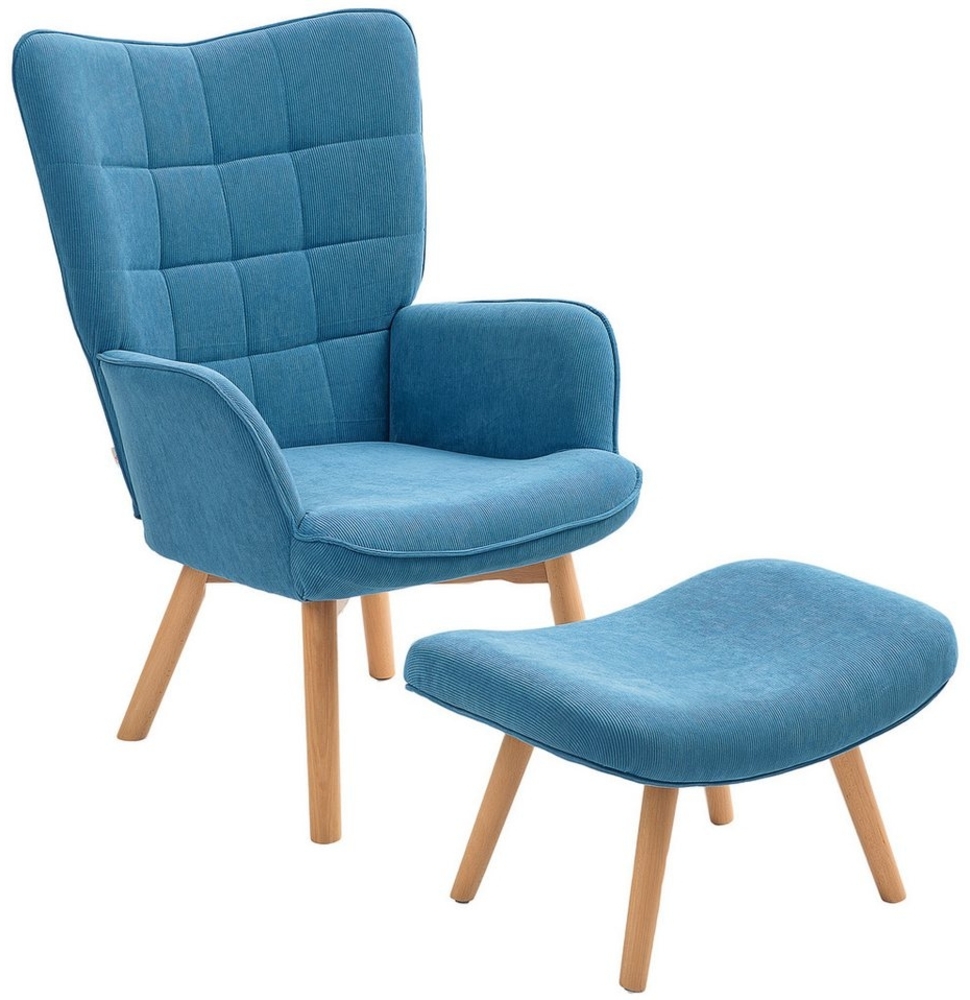 HOMCOM Relaxsessel Ohrensessel mit Hoher Rückenlehne, Holzbeine (Sessel mit Hocker, 2-St, Loungesessel), mit getuftetem Design, Cord-Optik, für Wohnzimmer, Blau Bild 1